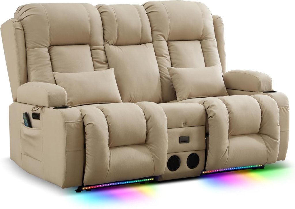 TUNYI Power Loveseat Recliner Sofa with Massage & Heat Home Theater Seating with Console Electric Recliner RV Sofa with USB/Outlet/Storage/Side Pocket/LED Light/Speaker (Brown, Loveseat) - Wigtrends