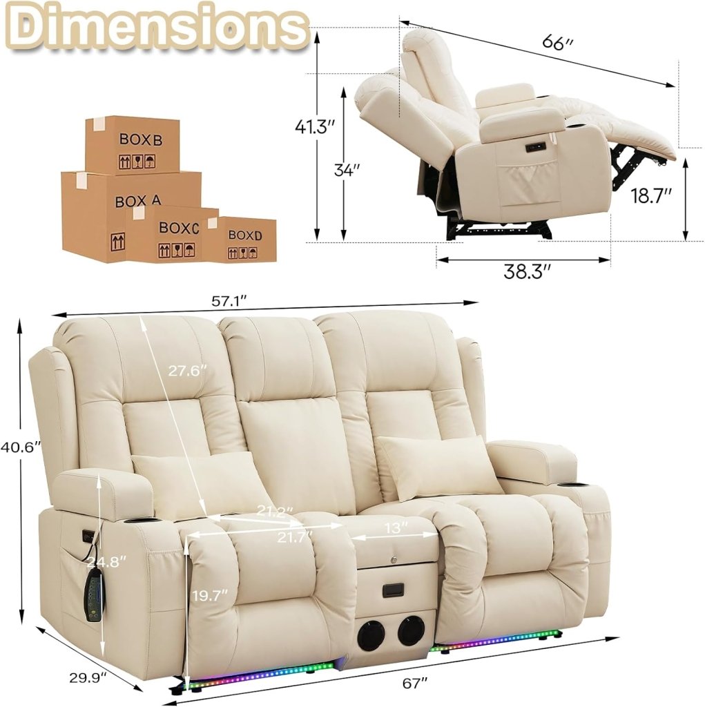 TUNYI Power Loveseat Recliner Sofa with Massage & Heat Home Theater Seating with Console Electric Recliner RV Sofa with USB/Outlet/Storage/Side Pocket/LED Light/Speaker (Brown, Loveseat) - Wigtrends