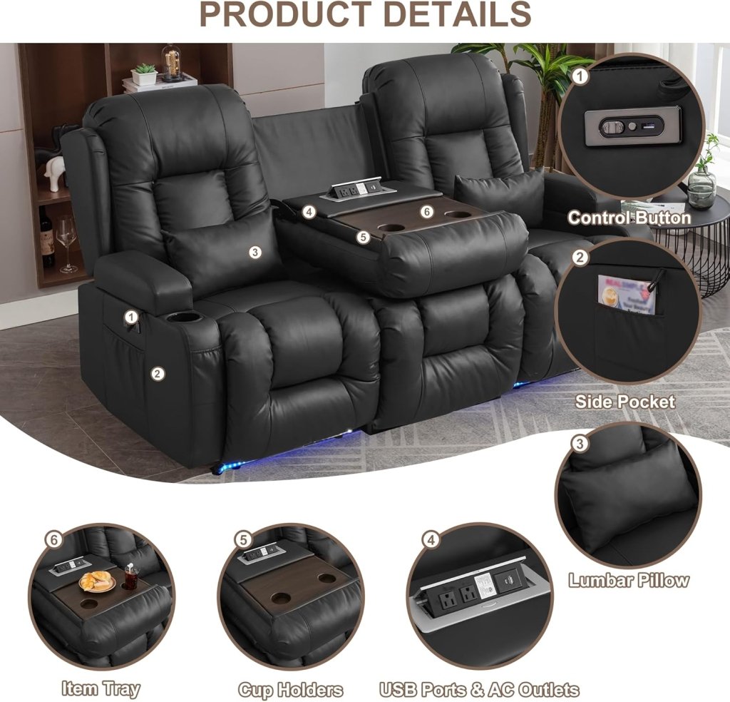 TUNYI Power Loveseat Recliner Sofa with Massage & Heat Home Theater Seating with Console Electric Recliner RV Sofa with USB/Outlet/Storage/Side Pocket/LED Light/Speaker (Brown, Loveseat) - Wigtrends