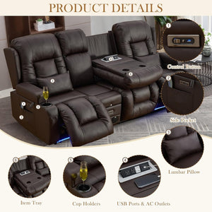 TUNYI Power Loveseat Recliner Sofa with Massage & Heat Home Theater Seating with Console Electric Recliner RV Sofa with USB/Outlet/Storage/Side Pocket/LED Light/Speaker (Brown, Loveseat) - Wigtrends