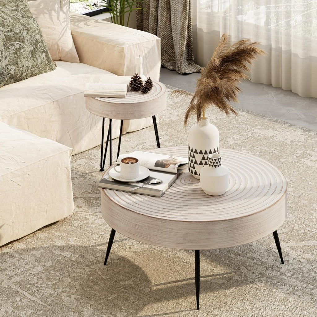 Two - Piece Modern Farmhouse Living Room Coffee Table Set, Round Nesting Tables - Wigtrends