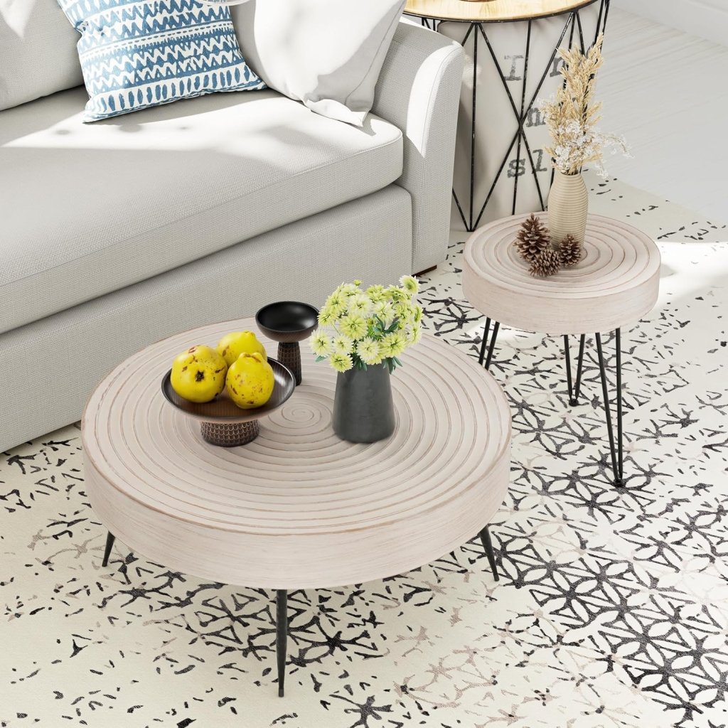 Two - Piece Modern Farmhouse Living Room Coffee Table Set, Round Nesting Tables - Wigtrends