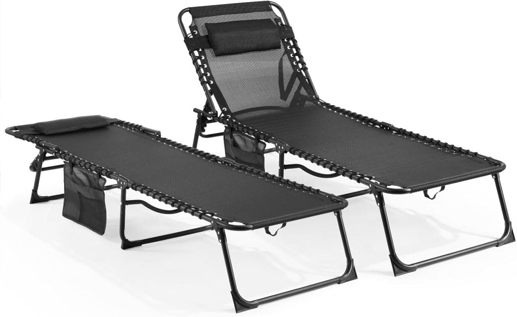 Unovivy Outdoor Chaise Lounge Chairs Set of 2, Portable Folding Pool Lounge Chair with 5 - Position Reclining Back, Teslin Tanning Chair for Pool, Beach, Patio, Sunbathing - Wigtrends