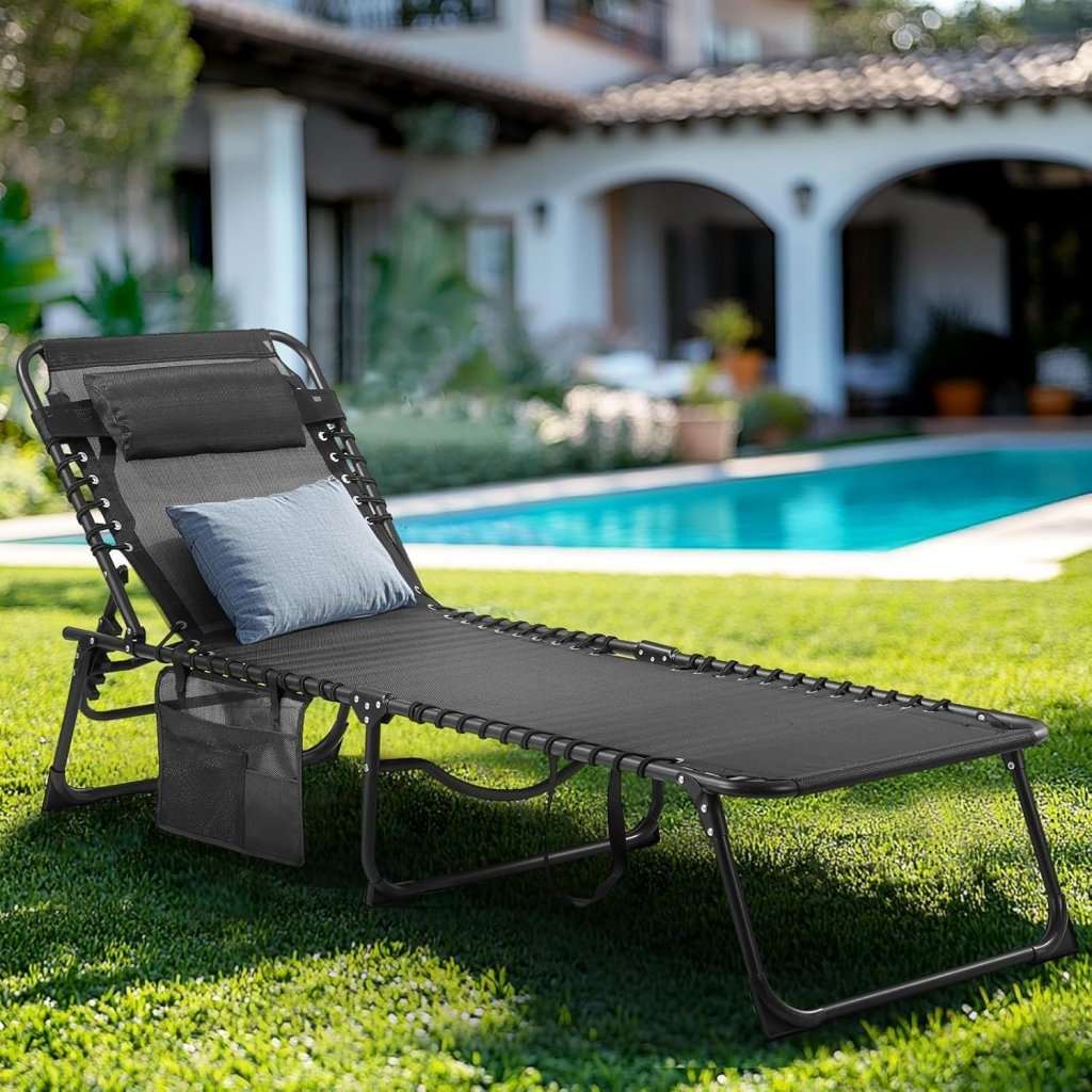 Unovivy Outdoor Chaise Lounge Chairs Set of 2, Portable Folding Pool Lounge Chair with 5 - Position Reclining Back, Teslin Tanning Chair for Pool, Beach, Patio, Sunbathing - Wigtrends