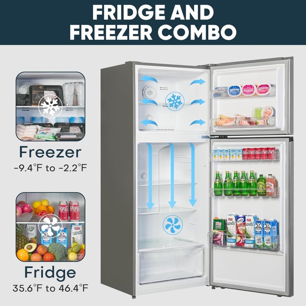 Upstreman 7.7 Cu.Ft. Refrigerator with Freezer, Double Door, Adjustable Thermostat, Large Capacity, Reversible Door Swing, Refrigerator for Apartment, Office, Dorm, Stainless (BD75) - Wigtrends