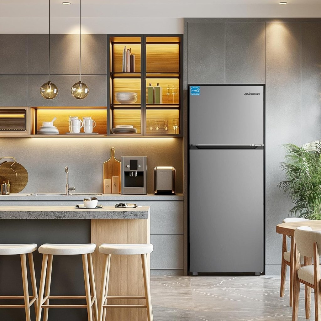 Upstreman 7.7 Cu.Ft. Refrigerator with Freezer, Double Door, Adjustable Thermostat, Large Capacity, Reversible Door Swing, Refrigerator for Apartment, Office, Dorm, Stainless (BD75) - Wigtrends