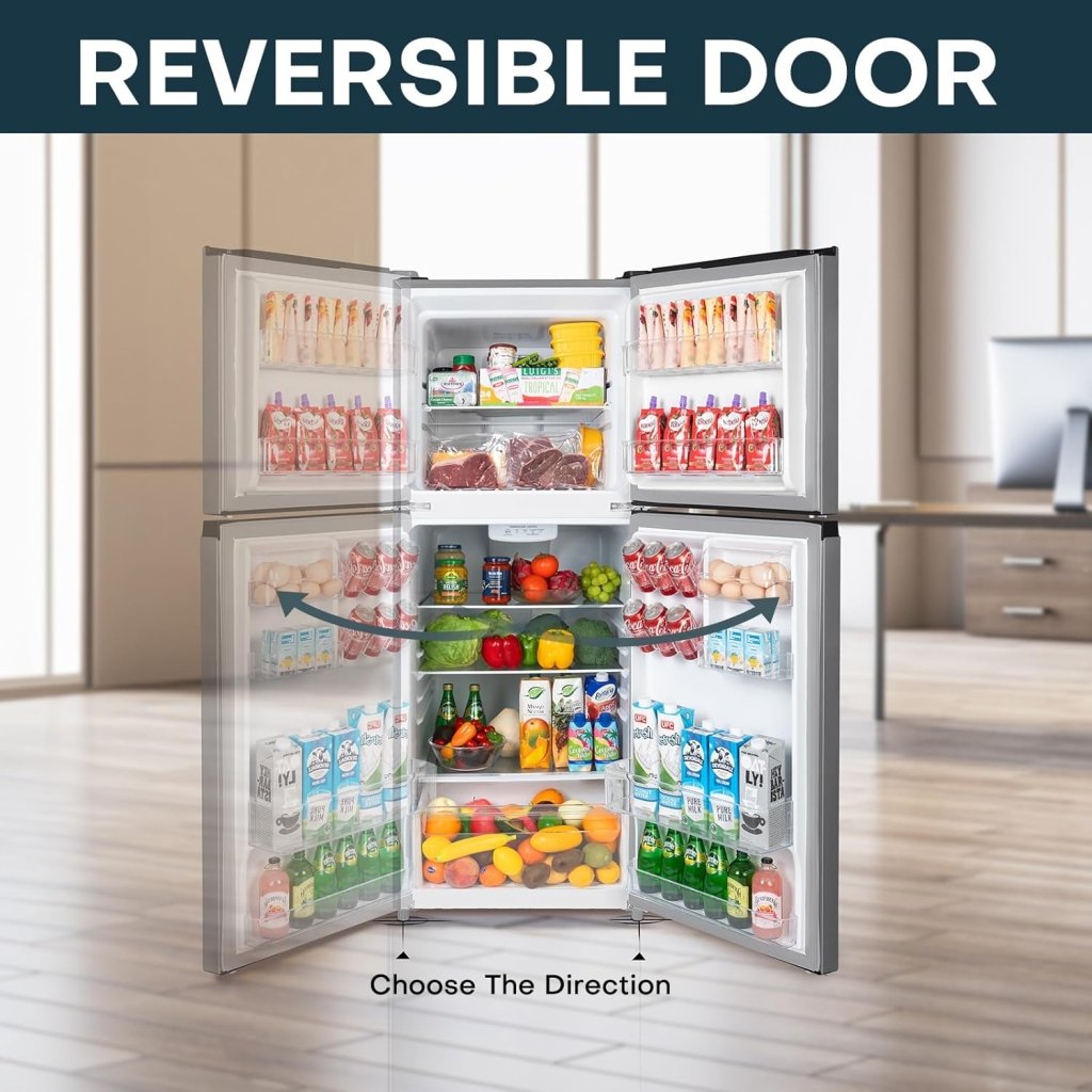 Upstreman 7.7 Cu.Ft. Refrigerator with Freezer, Double Door, Adjustable Thermostat, Large Capacity, Reversible Door Swing, Refrigerator for Apartment, Office, Dorm, Stainless (BD75) - Wigtrends