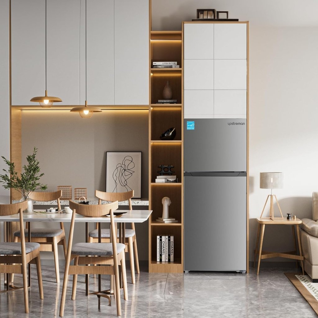 Upstreman 7.7 Cu.Ft. Refrigerator with Freezer, Double Door, Adjustable Thermostat, Large Capacity, Reversible Door Swing, Refrigerator for Apartment, Office, Dorm, Stainless (BD75) - Wigtrends
