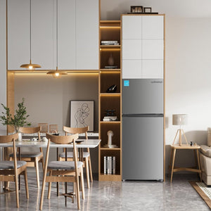 Upstreman 7.7 Cu.Ft. Refrigerator with Freezer, Double Door, Adjustable Thermostat, Large Capacity, Reversible Door Swing, Refrigerator for Apartment, Office, Dorm, Stainless (BD75) - Wigtrends