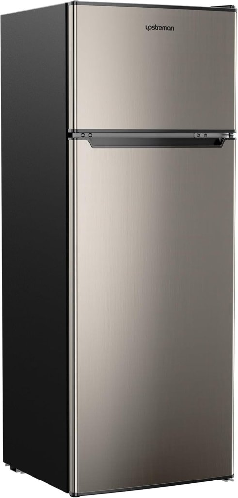 Upstreman 7.7 Cu.Ft. Refrigerator with Freezer, Double Door, Adjustable Thermostat, Large Capacity, Reversible Door Swing, Refrigerator for Apartment, Office, Dorm, Stainless (BD75) - Wigtrends