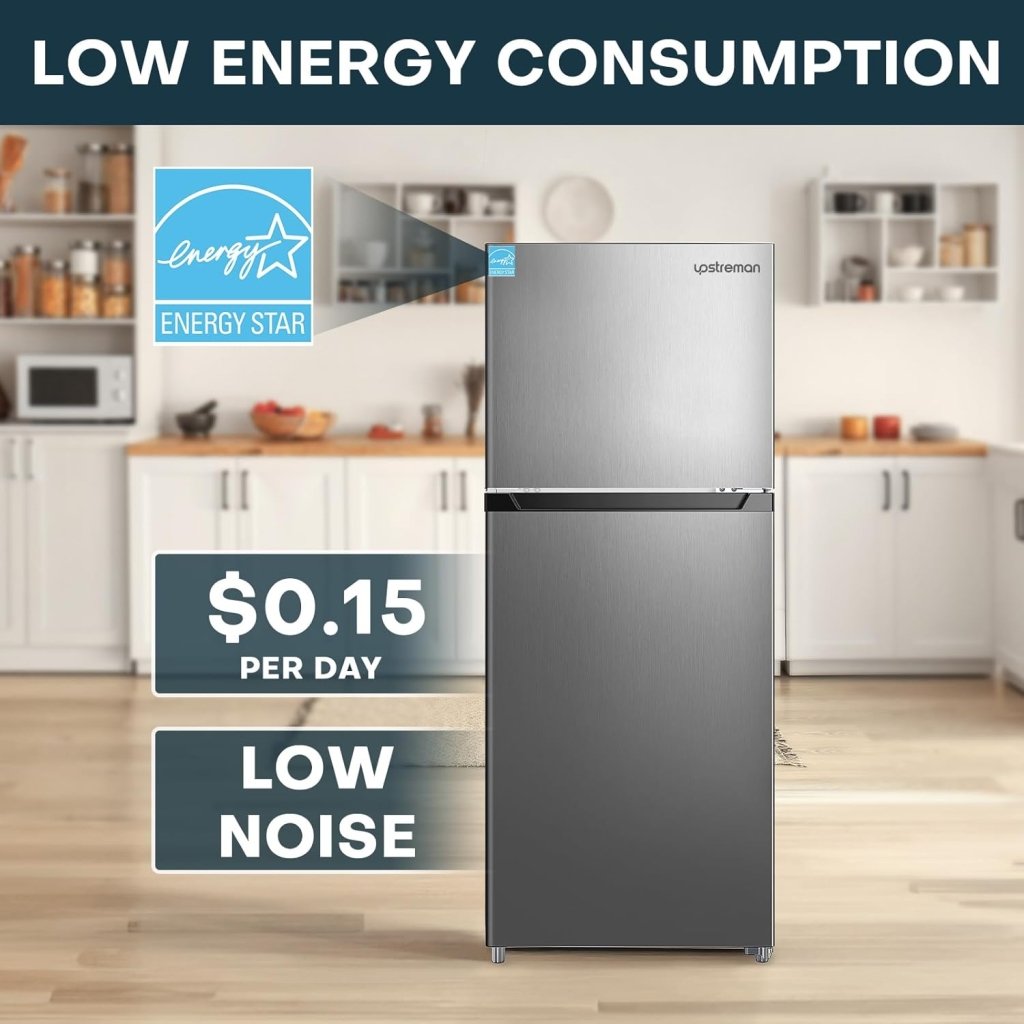 Upstreman 7.7 Cu.Ft. Refrigerator with Freezer, Double Door, Adjustable Thermostat, Large Capacity, Reversible Door Swing, Refrigerator for Apartment, Office, Dorm, Stainless (BD75) - Wigtrends