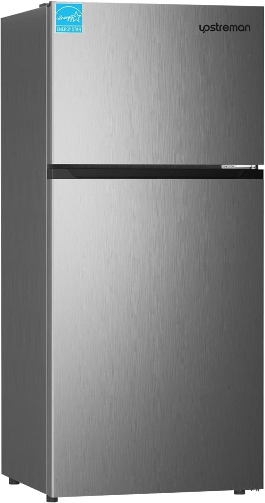 Upstreman 7.7 Cu.Ft. Refrigerator with Freezer, Double Door, Adjustable Thermostat, Large Capacity, Reversible Door Swing, Refrigerator for Apartment, Office, Dorm, Stainless (BD75) - Wigtrends