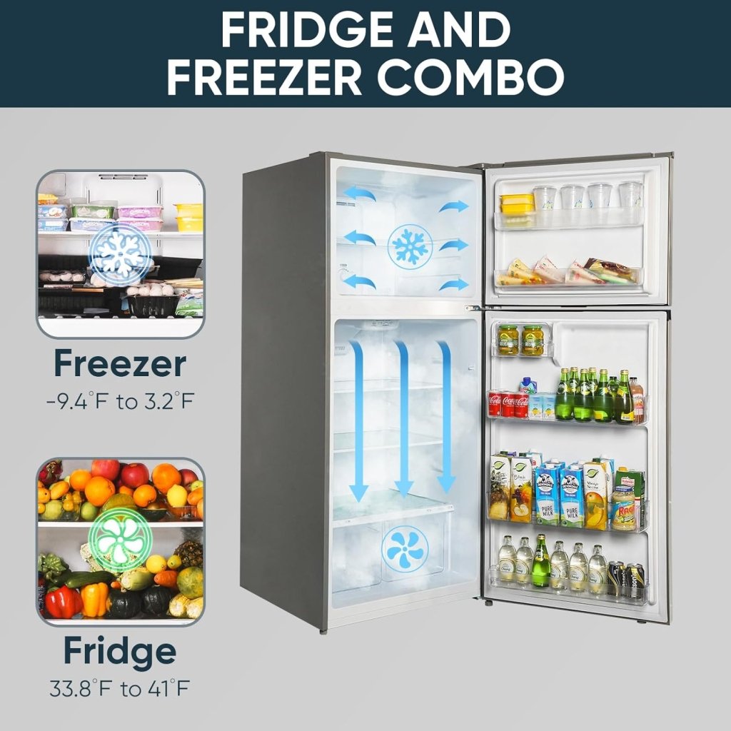 Upstreman 7.7 Cu.Ft. Refrigerator with Freezer, Double Door, Adjustable Thermostat, Large Capacity, Reversible Door Swing, Refrigerator for Apartment, Office, Dorm, Stainless (BD75) - Wigtrends