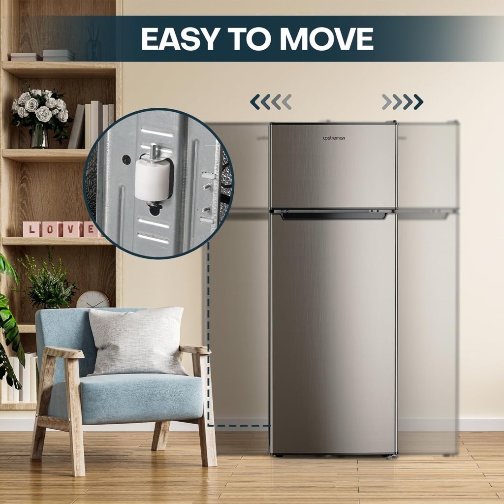 Upstreman 7.7 Cu.Ft. Refrigerator with Freezer, Double Door, Adjustable Thermostat, Large Capacity, Reversible Door Swing, Refrigerator for Apartment, Office, Dorm, Stainless (BD75) - Wigtrends