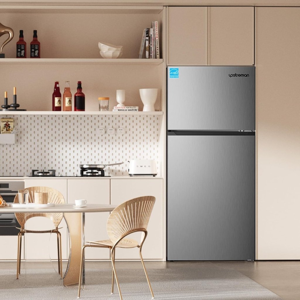 Upstreman 7.7 Cu.Ft. Refrigerator with Freezer, Double Door, Adjustable Thermostat, Large Capacity, Reversible Door Swing, Refrigerator for Apartment, Office, Dorm, Stainless (BD75) - Wigtrends