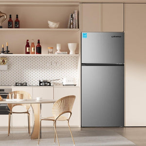 Upstreman 7.7 Cu.Ft. Refrigerator with Freezer, Double Door, Adjustable Thermostat, Large Capacity, Reversible Door Swing, Refrigerator for Apartment, Office, Dorm, Stainless (BD75) - Wigtrends