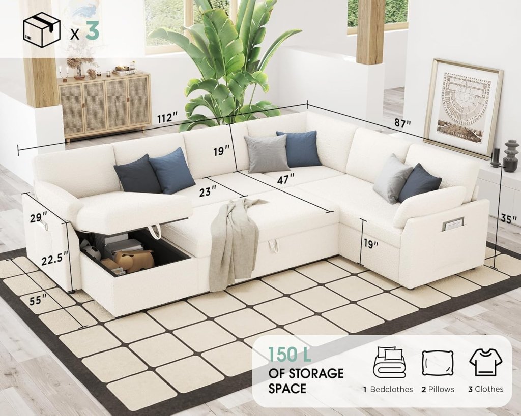 VanAcc Sofa Bed, Sleeper Sofa with Storage Chaise - 2 in 1 Pull Out Couch Living Room, Comfy Sleeper Couch - Wigtrends