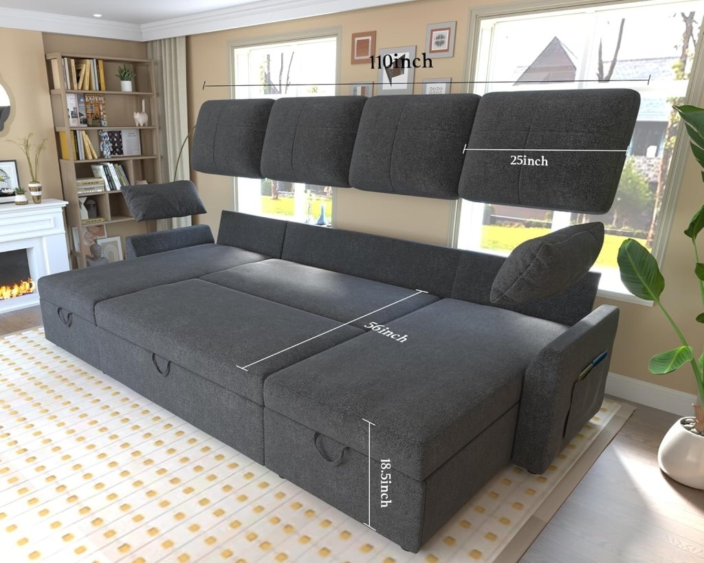 VanAcc Sofa Bed, Sleeper Sofa with Storage Chaise - 2 in 1 Pull Out Couch Living Room, Comfy Sleeper Couch - Wigtrends