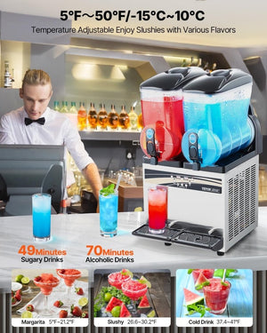 VEVOR Slushy Machine, 15Lx2 Double Tank Commercial Margarita Machine, 120 Cups Stainless Steel Margarita Smoothie Frozen Drink Machine, Slushie Machine for Home Party Restaurants Cafe Bars - Wigtrends
