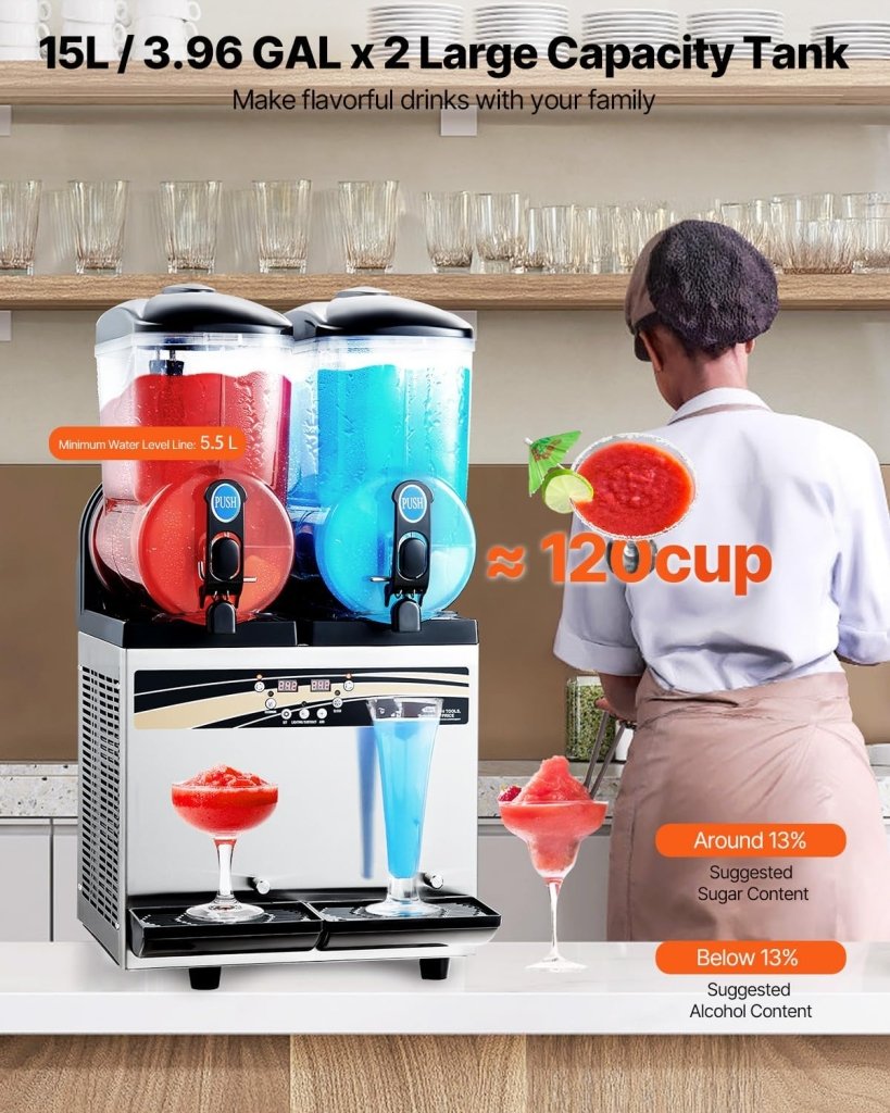 VEVOR Slushy Machine, 15Lx2 Double Tank Commercial Margarita Machine, 120 Cups Stainless Steel Margarita Smoothie Frozen Drink Machine, Slushie Machine for Home Party Restaurants Cafe Bars - Wigtrends