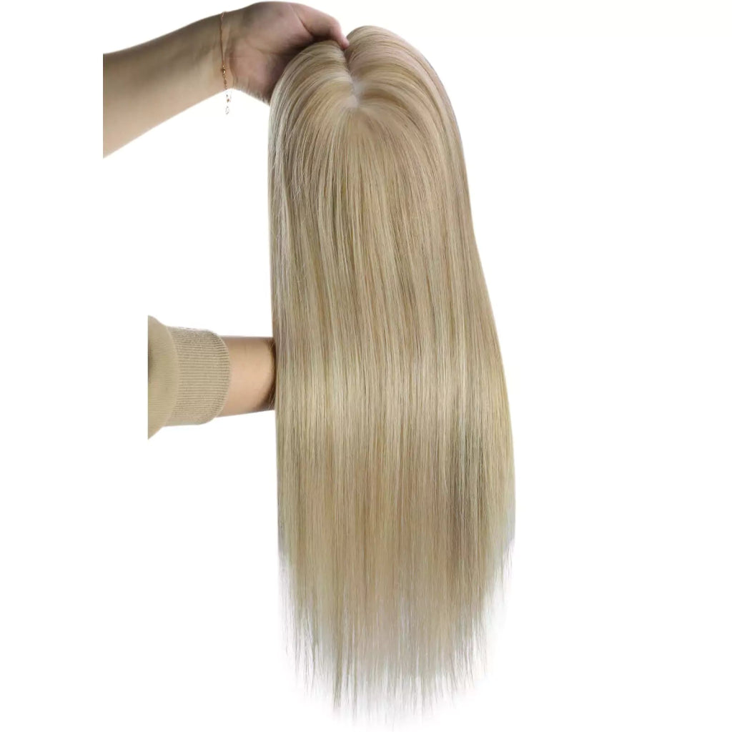 Virgin Clip on Hair Topper Large Base Highlight Blonde Wigs Hair Piece - Wigtrends