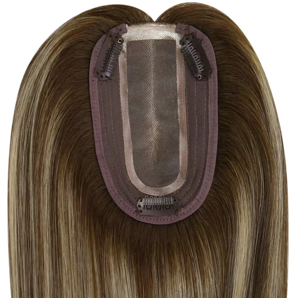 Virgin Hair Topper Medium Base Balayage Brown Mixed Blonde Wigs Hair Piece - Wigtrends