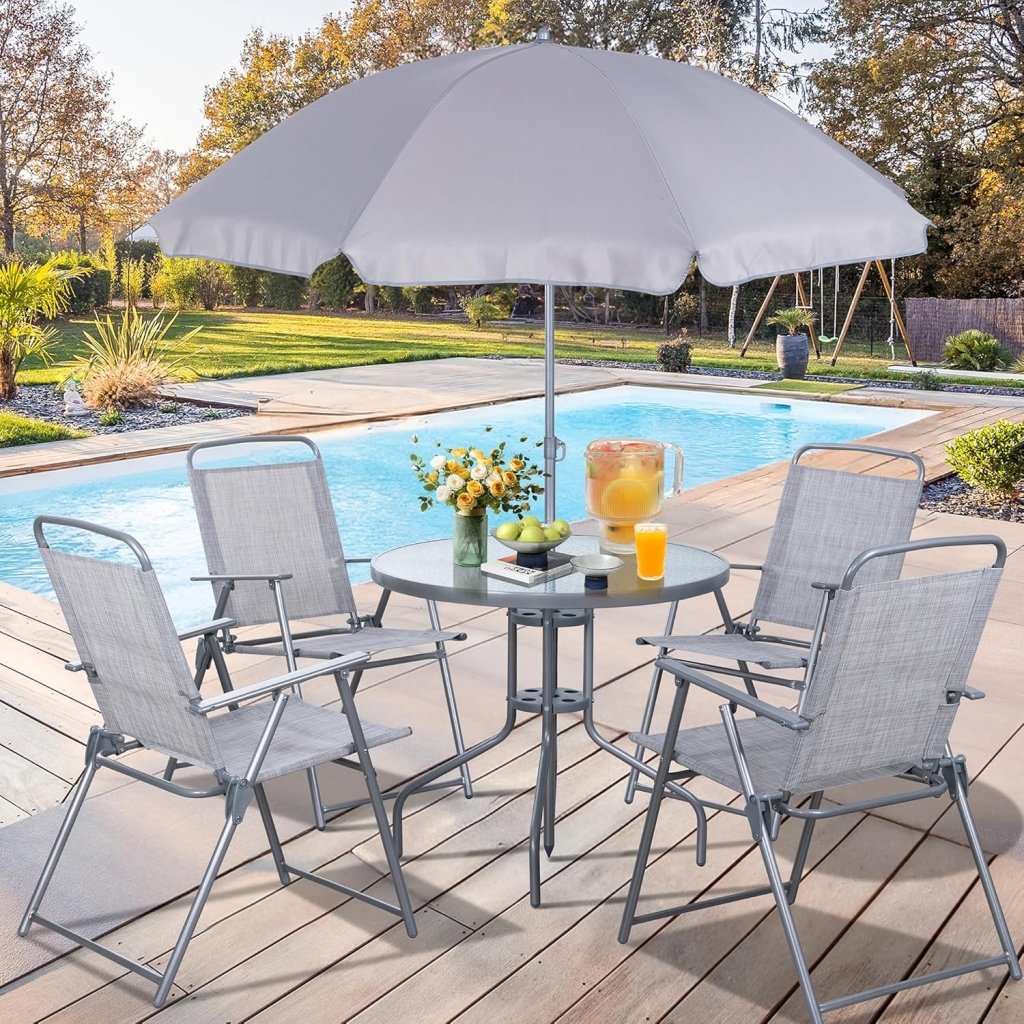 Vongrasig 6 Piece Folding Patio Dining Set,Small Metal Outdoor Garden Patio Table and Chair Set w/Umbrella for Lawn,Deck,Backyard,Black - Wigtrends