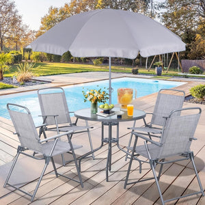 Vongrasig 6 Piece Folding Patio Dining Set,Small Metal Outdoor Garden Patio Table and Chair Set w/Umbrella for Lawn,Deck,Backyard,Black - Wigtrends
