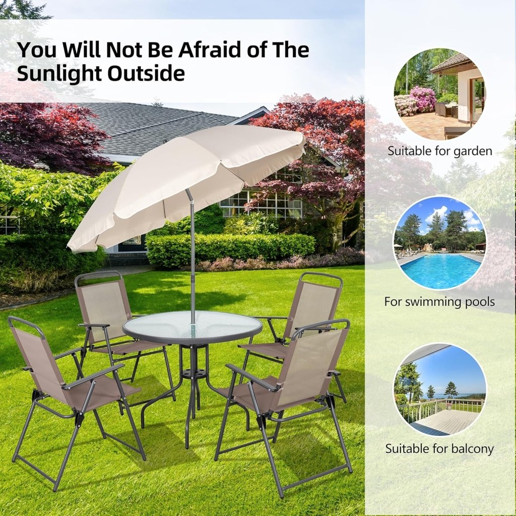 Vongrasig 6 Piece Folding Patio Dining Set,Small Metal Outdoor Garden Patio Table and Chair Set w/Umbrella for Lawn,Deck,Backyard,Black - Wigtrends