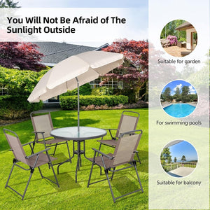 Vongrasig 6 Piece Folding Patio Dining Set,Small Metal Outdoor Garden Patio Table and Chair Set w/Umbrella for Lawn,Deck,Backyard,Black - Wigtrends