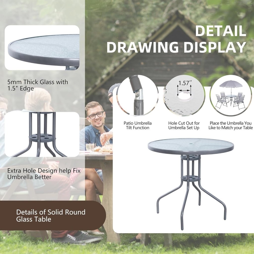 Vongrasig 6 Piece Folding Patio Dining Set,Small Metal Outdoor Garden Patio Table and Chair Set w/Umbrella for Lawn,Deck,Backyard,Black - Wigtrends