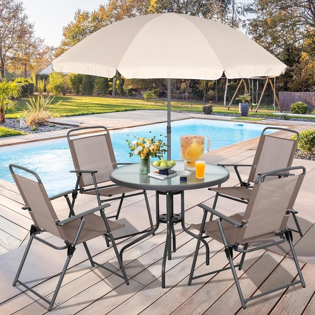 Vongrasig 6 Piece Folding Patio Dining Set,Small Metal Outdoor Garden Patio Table and Chair Set w/Umbrella for Lawn,Deck,Backyard,Black - Wigtrends