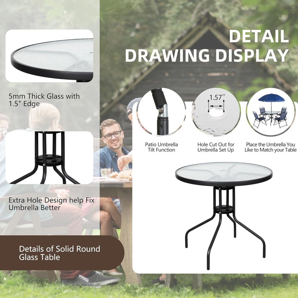 Vongrasig 6 Piece Folding Patio Dining Set,Small Metal Outdoor Garden Patio Table and Chair Set w/Umbrella for Lawn,Deck,Backyard,Black - Wigtrends