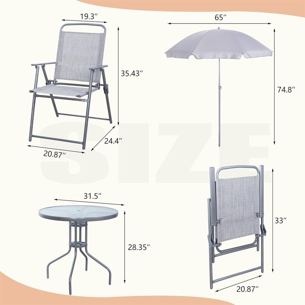 Vongrasig 6 Piece Folding Patio Dining Set,Small Metal Outdoor Garden Patio Table and Chair Set w/Umbrella for Lawn,Deck,Backyard,Black - Wigtrends