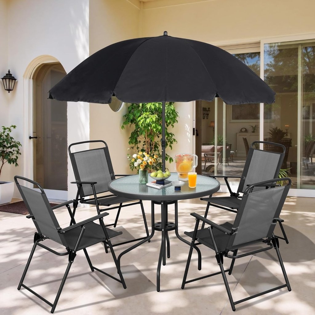 Vongrasig 6 Piece Folding Patio Dining Set,Small Metal Outdoor Garden Patio Table and Chair Set w/Umbrella for Lawn,Deck,Backyard,Black - Wigtrends