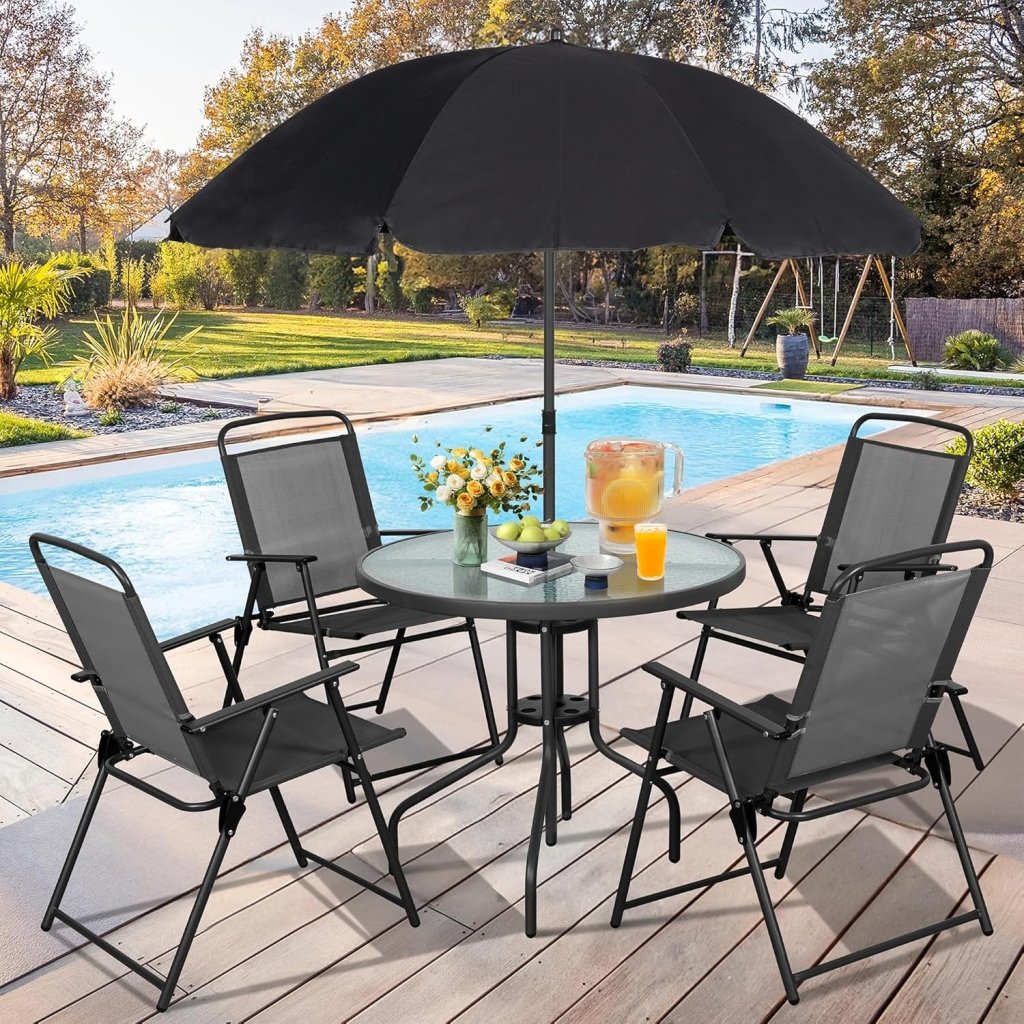 Vongrasig 6 Piece Folding Patio Dining Set,Small Metal Outdoor Garden Patio Table and Chair Set w/Umbrella for Lawn,Deck,Backyard,Black - Wigtrends