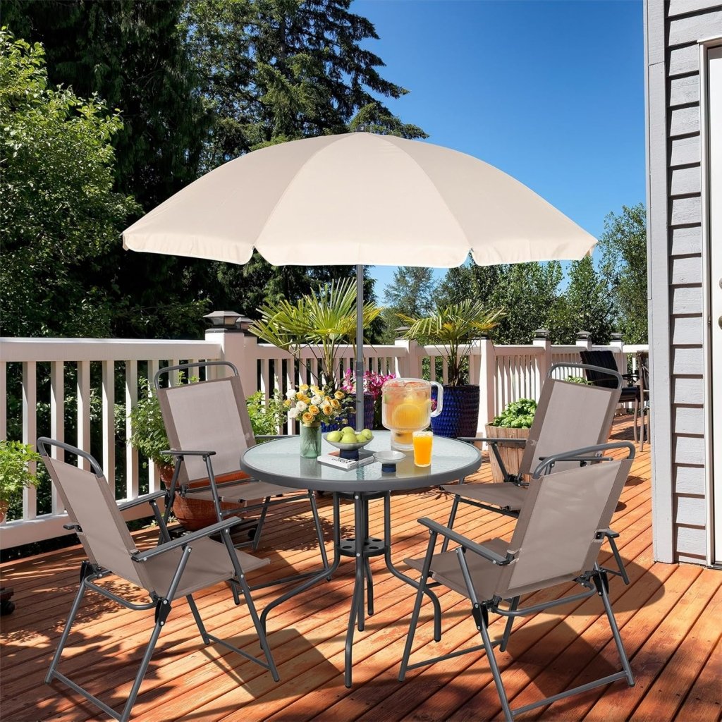 Vongrasig 6 Piece Folding Patio Dining Set,Small Metal Outdoor Garden Patio Table and Chair Set w/Umbrella for Lawn,Deck,Backyard,Black - Wigtrends