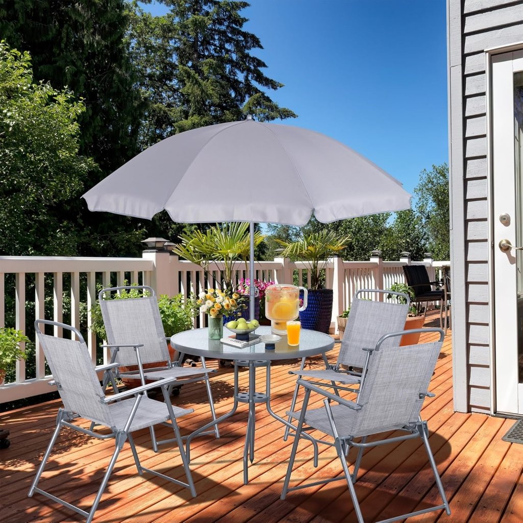 Vongrasig 6 Piece Folding Patio Dining Set,Small Metal Outdoor Garden Patio Table and Chair Set w/Umbrella for Lawn,Deck,Backyard,Black - Wigtrends