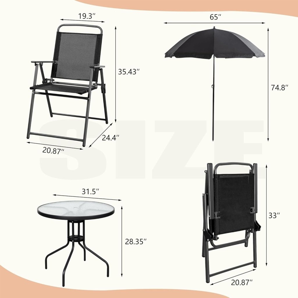 Vongrasig 6 Piece Folding Patio Dining Set,Small Metal Outdoor Garden Patio Table and Chair Set w/Umbrella for Lawn,Deck,Backyard,Black - Wigtrends
