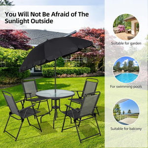 Vongrasig 6 Piece Folding Patio Dining Set,Small Metal Outdoor Garden Patio Table and Chair Set w/Umbrella for Lawn,Deck,Backyard,Black - Wigtrends