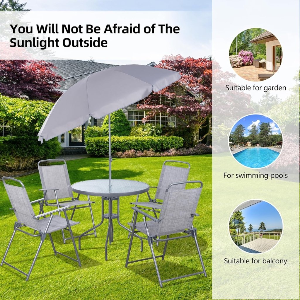 Vongrasig 6 Piece Folding Patio Dining Set,Small Metal Outdoor Garden Patio Table and Chair Set w/Umbrella for Lawn,Deck,Backyard,Black - Wigtrends