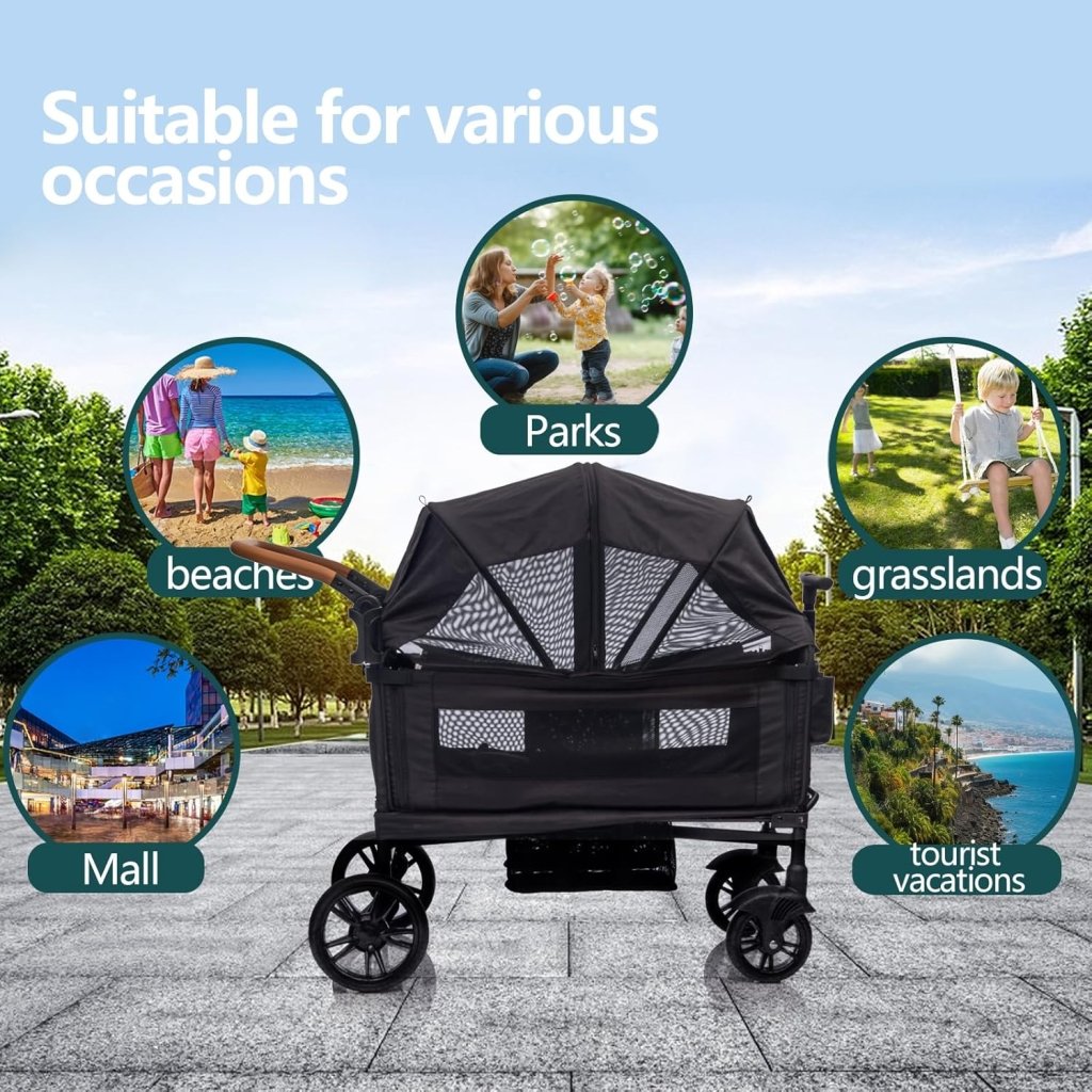 Wagon Stroller for 2 Kids & Cargo - Travel Stroller Push - Pull Double Wagon Lightweight Folding Stroller for Newborn&Toddler with 5 - Point Harness,Adjustable Handle Bar and Canopy,Tray Table,Cup Holder - Wigtrends