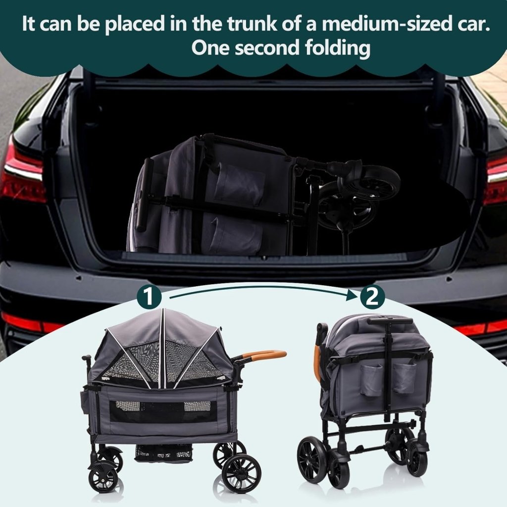 Wagon Stroller for 2 Kids & Cargo - Travel Stroller Push - Pull Double Wagon Lightweight Folding Stroller for Newborn&Toddler with 5 - Point Harness,Adjustable Handle Bar and Canopy,Tray Table,Cup Holder - Wigtrends