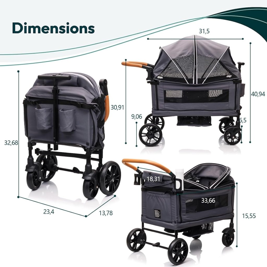 Wagon Stroller for 2 Kids & Cargo - Travel Stroller Push - Pull Double Wagon Lightweight Folding Stroller for Newborn&Toddler with 5 - Point Harness,Adjustable Handle Bar and Canopy,Tray Table,Cup Holder - Wigtrends