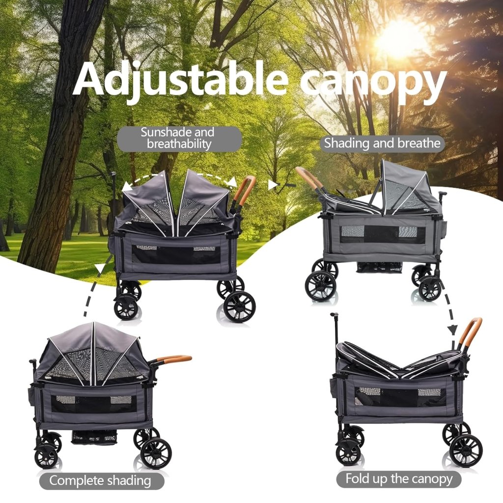 Wagon Stroller for 2 Kids & Cargo - Travel Stroller Push - Pull Double Wagon Lightweight Folding Stroller for Newborn&Toddler with 5 - Point Harness,Adjustable Handle Bar and Canopy,Tray Table,Cup Holder - Wigtrends