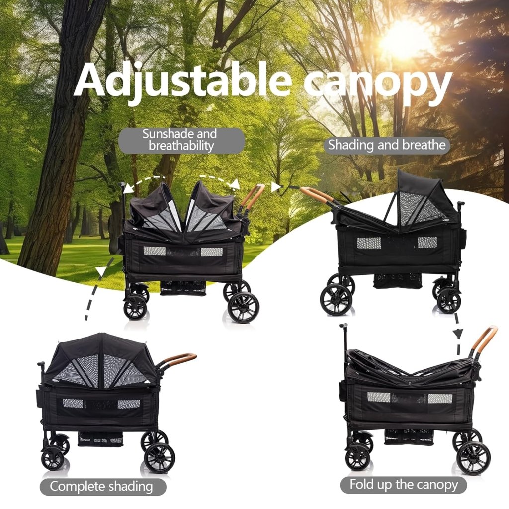 Wagon Stroller for 2 Kids & Cargo - Travel Stroller Push - Pull Double Wagon Lightweight Folding Stroller for Newborn&Toddler with 5 - Point Harness,Adjustable Handle Bar and Canopy,Tray Table,Cup Holder - Wigtrends