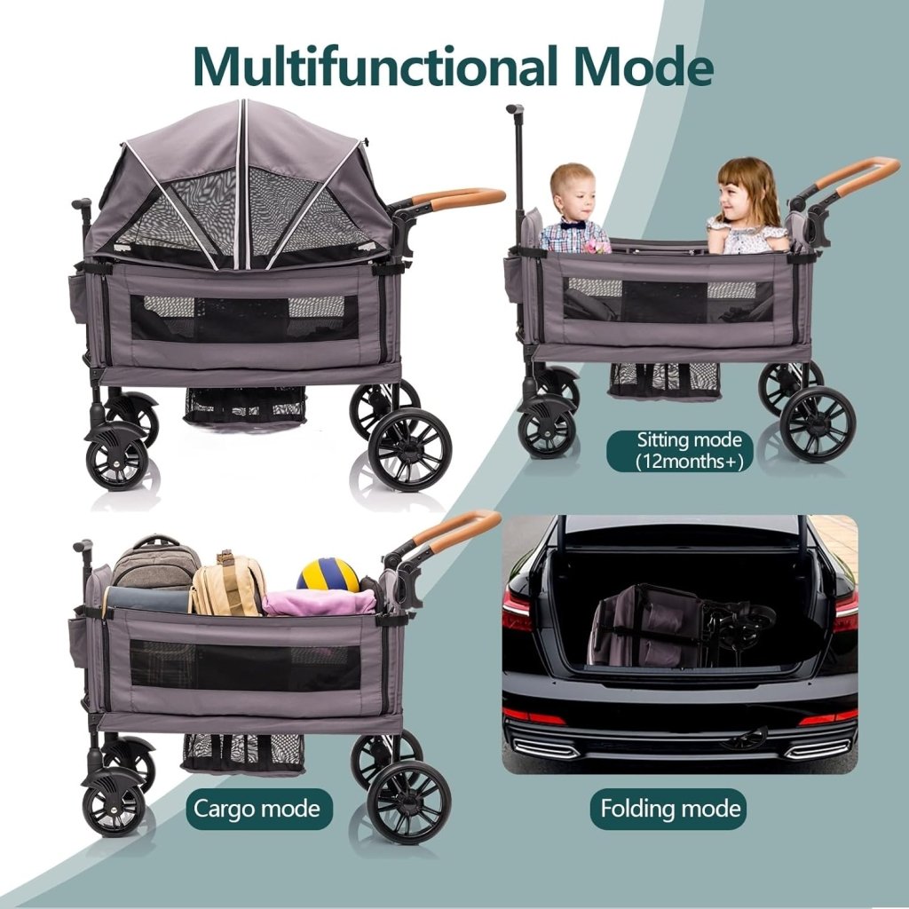 Wagon Stroller for 2 Kids & Cargo - Travel Stroller Push - Pull Double Wagon Lightweight Folding Stroller for Newborn&Toddler with 5 - Point Harness,Adjustable Handle Bar and Canopy,Tray Table,Cup Holder - Wigtrends