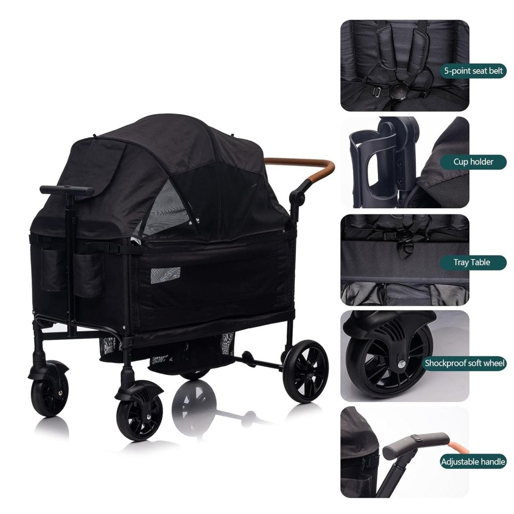 Wagon Stroller for 2 Kids & Cargo - Travel Stroller Push - Pull Double Wagon Lightweight Folding Stroller for Newborn&Toddler with 5 - Point Harness,Adjustable Handle Bar and Canopy,Tray Table,Cup Holder - Wigtrends