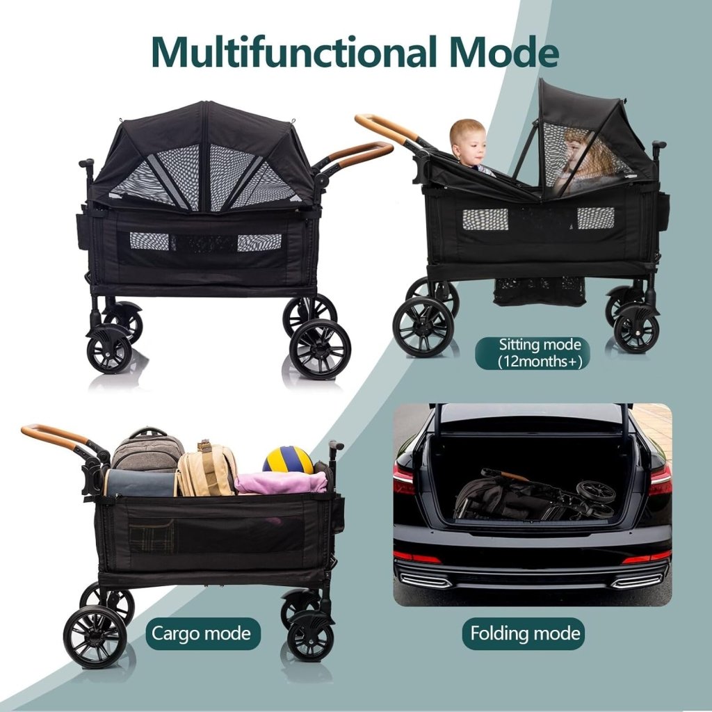 Wagon Stroller for 2 Kids & Cargo - Travel Stroller Push - Pull Double Wagon Lightweight Folding Stroller for Newborn&Toddler with 5 - Point Harness,Adjustable Handle Bar and Canopy,Tray Table,Cup Holder - Wigtrends