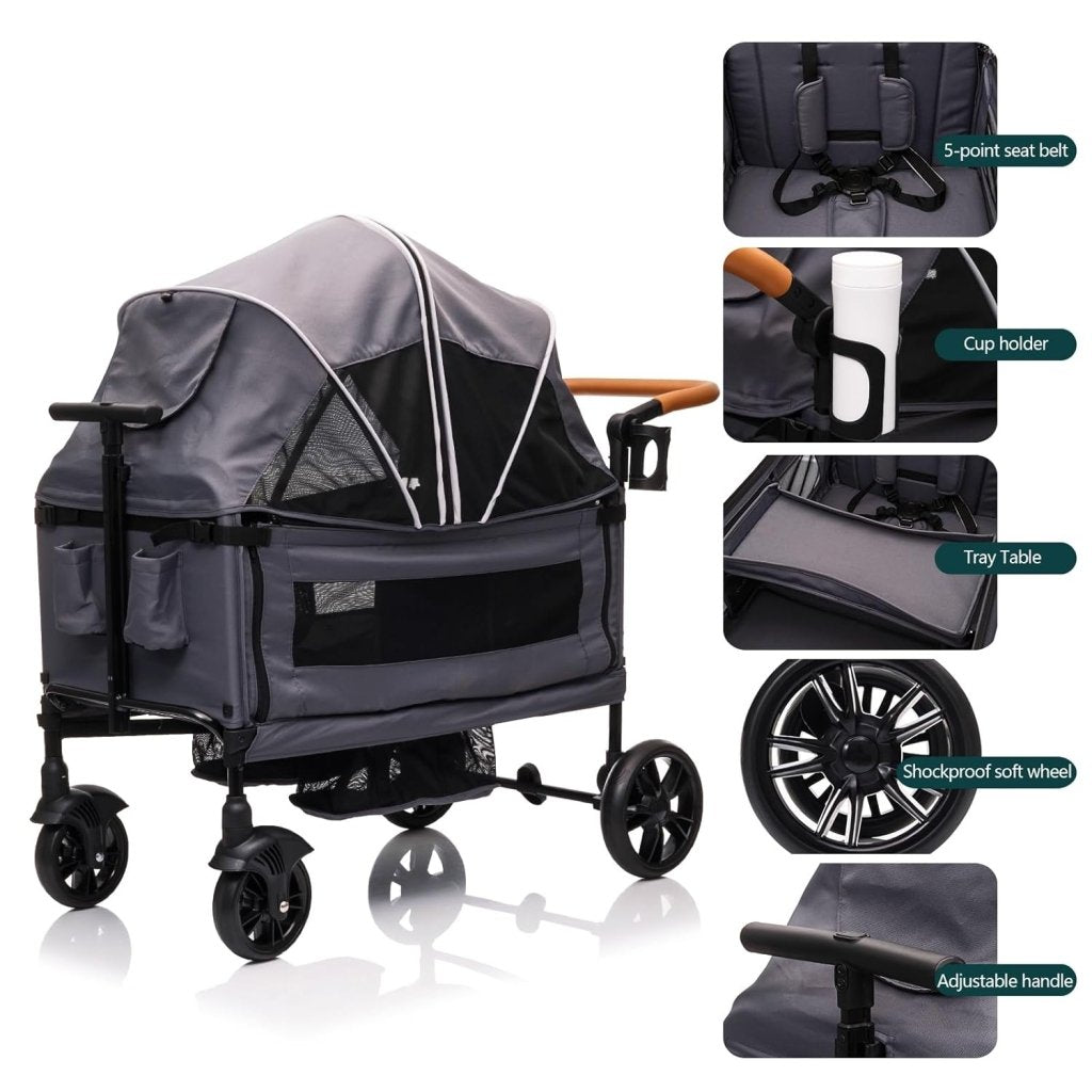 Wagon Stroller for 2 Kids & Cargo - Travel Stroller Push - Pull Double Wagon Lightweight Folding Stroller for Newborn&Toddler with 5 - Point Harness,Adjustable Handle Bar and Canopy,Tray Table,Cup Holder - Wigtrends